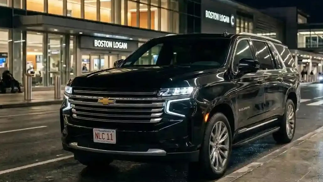 Black Chevrolet Suburban executive SUV parked in Boston Logan Airport Terminal C.

