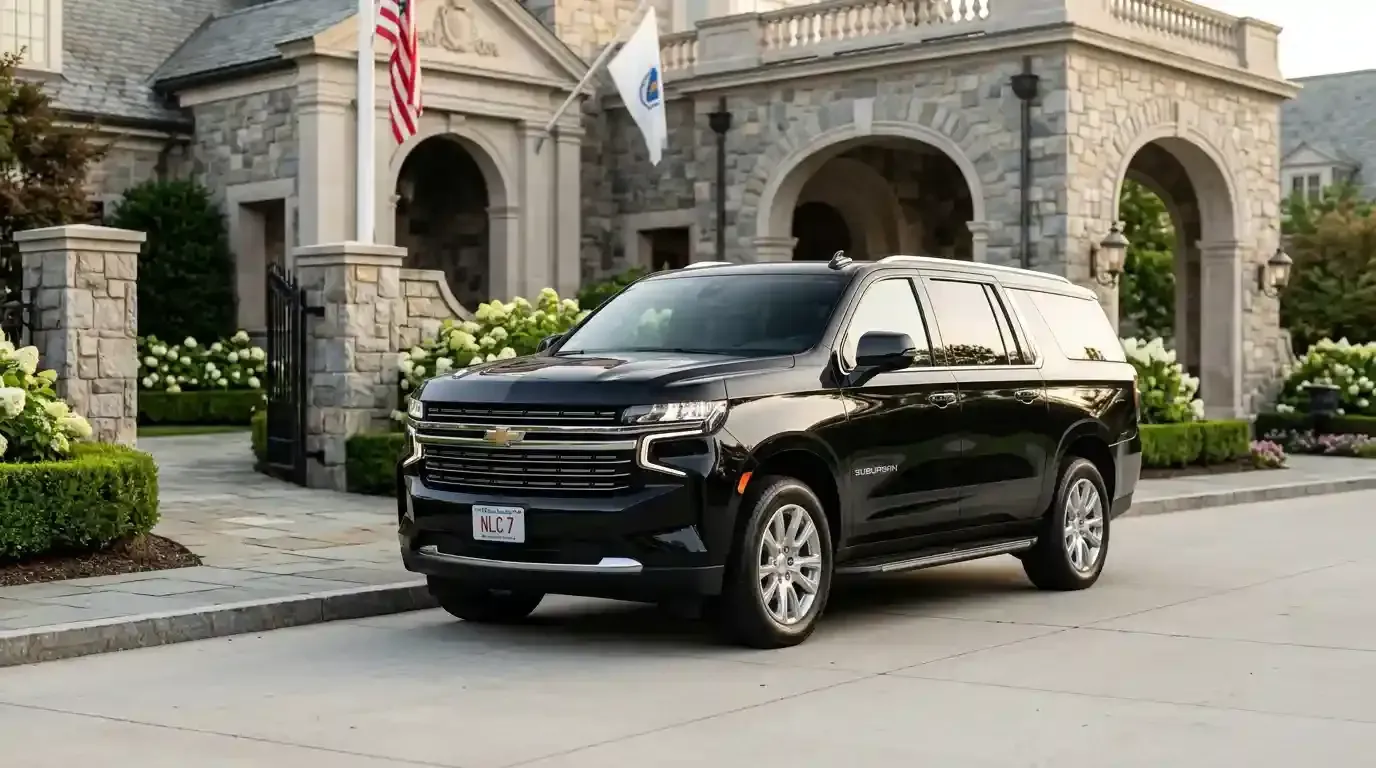 Black Chevrolet Suburban executive SUV parked in Marblehead for luxury chauffeur and black car transportation service.