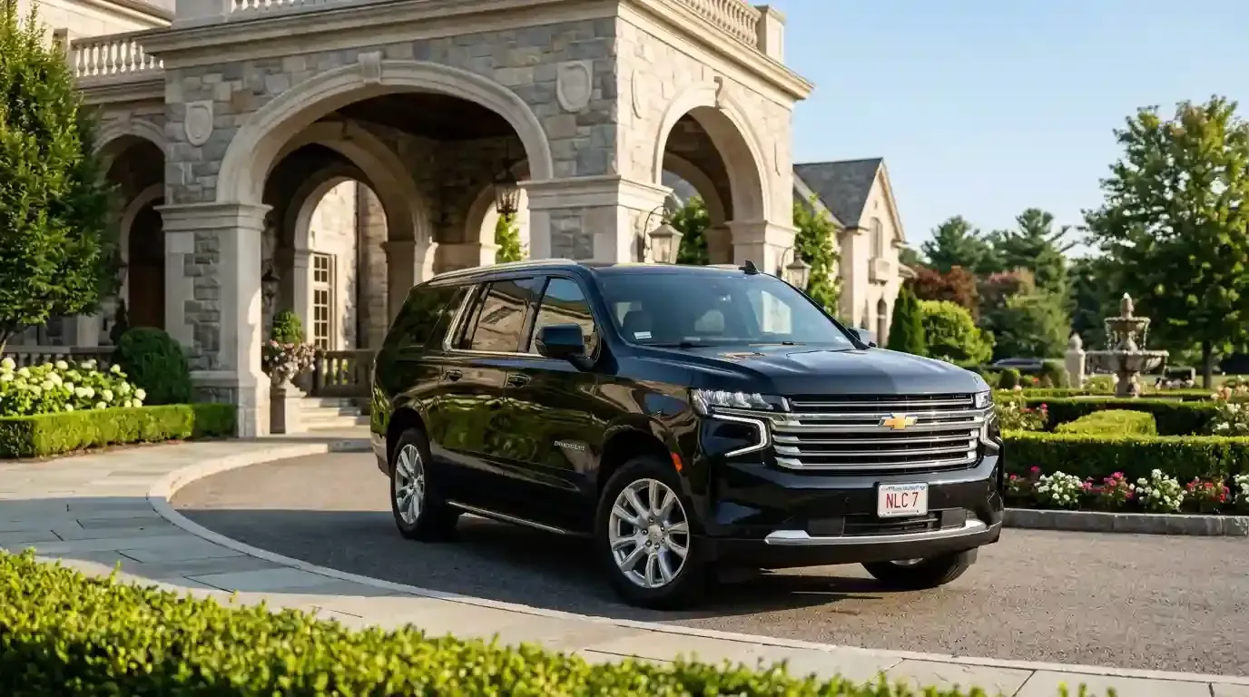 Black Chevrolet Suburban executive SUV parked in Marlborough for luxury chauffeur and black car transportation service.
