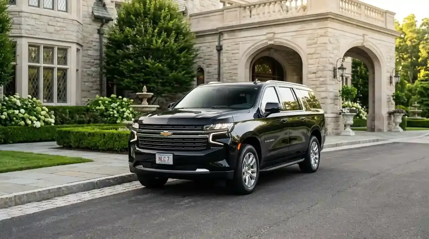 Black Chevrolet Suburban executive SUV parked in Medfield for luxury chauffeur and black car transportation service.