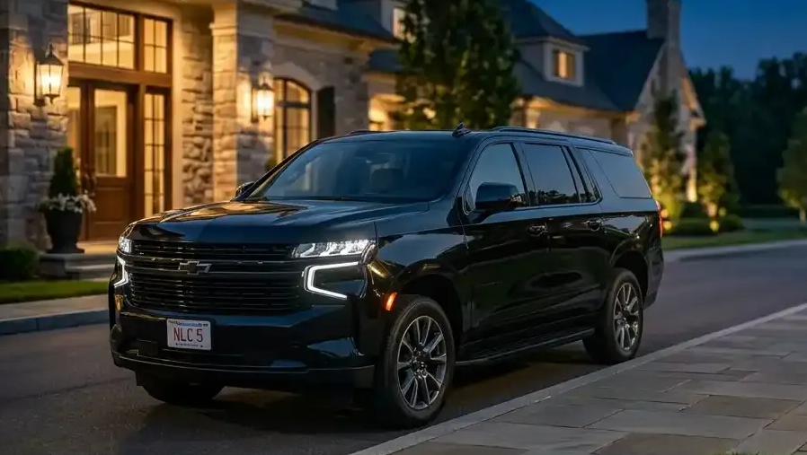 Black 2026 Chevrolet Suburban executive SUV parked in Newton for luxury chauffeur and black car transportation service.

