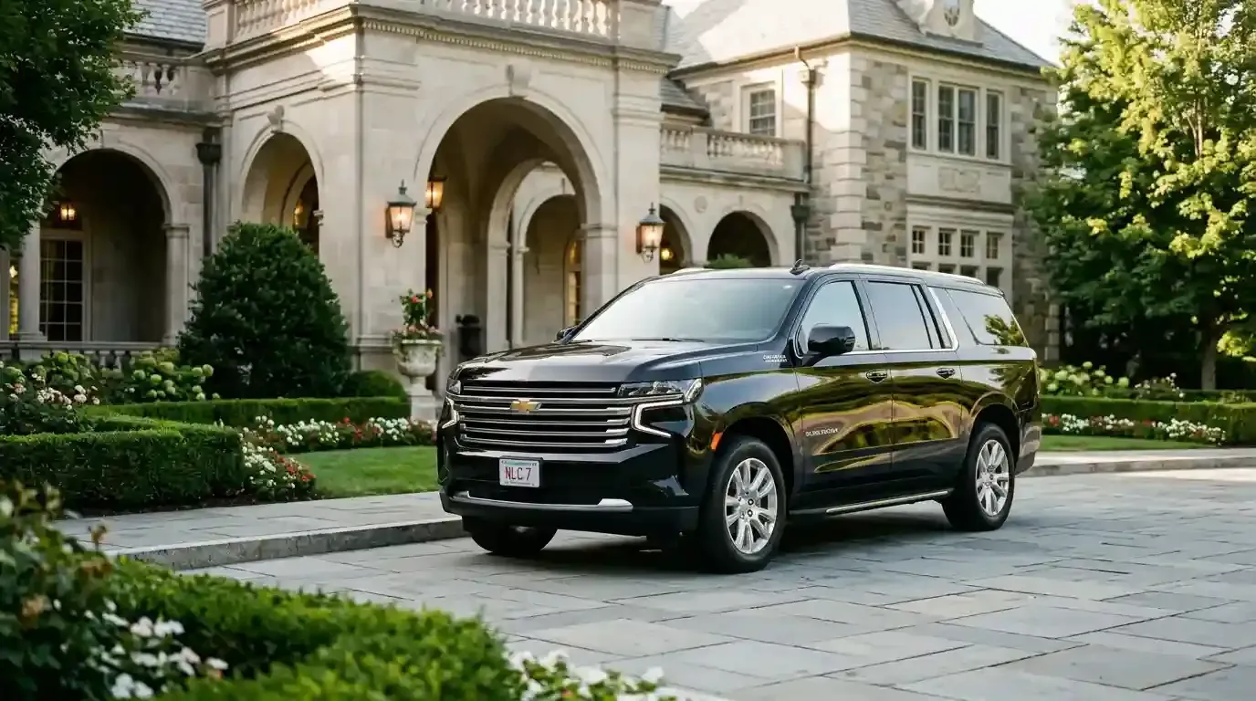 Black 2026 Chevrolet Suburban executive SUV parked in Sherborn for luxury chauffeur and black car transportation service.
