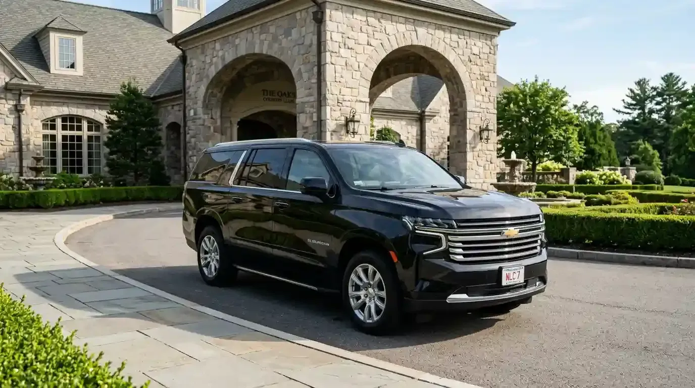 Black 2026 Chevrolet Suburban executive SUV parked in Stoneham for luxury chauffeur and black car transportation service.
