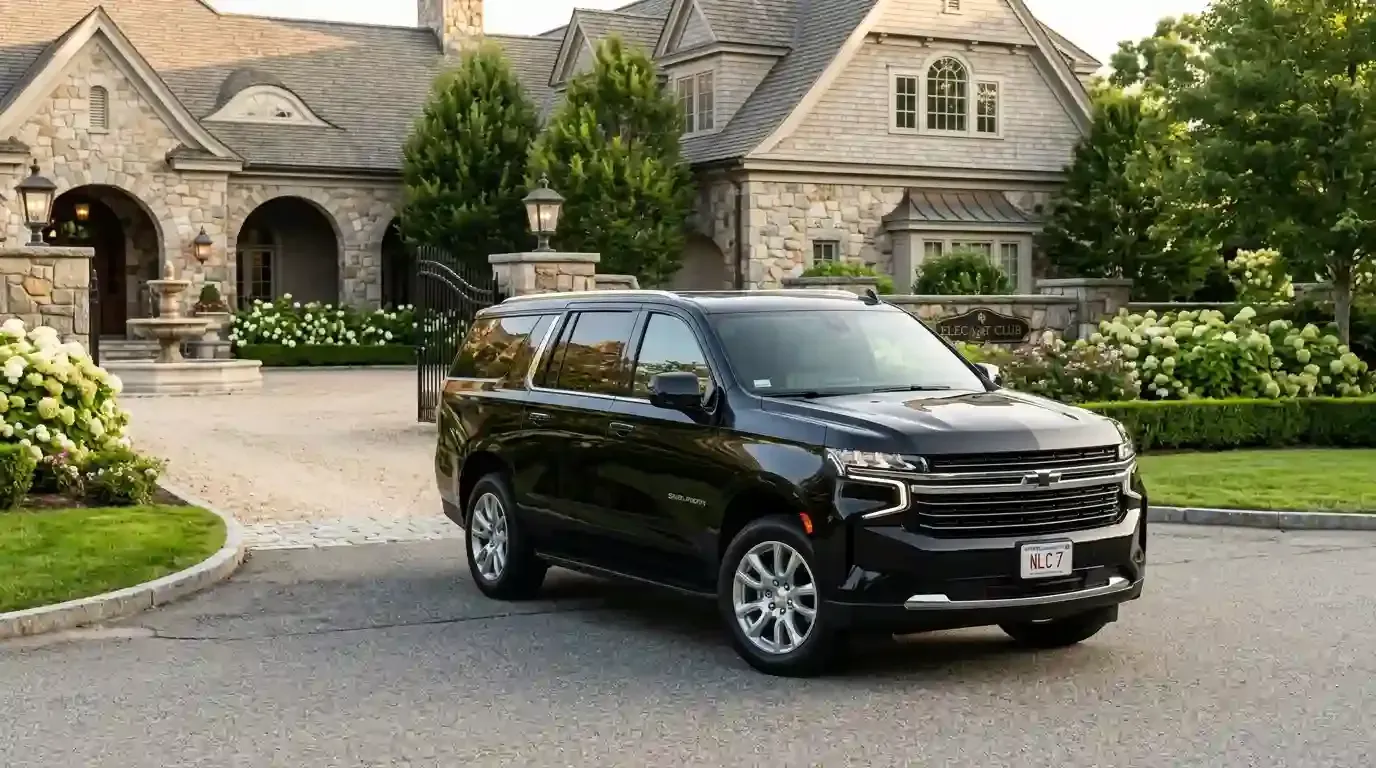 Black 2026 Chevrolet Suburban executive SUV parked in Wakefield for luxury chauffeur and black car transportation service.
