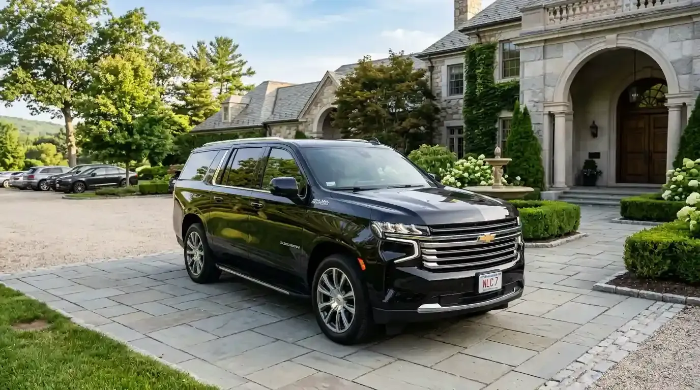 Black 2026 Chevrolet Suburban executive SUV parked in Wayland for luxury chauffeur and black car transportation service.
