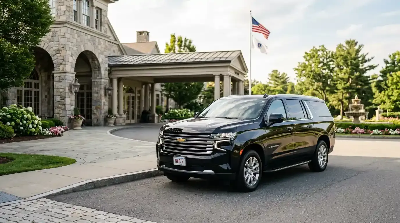 Black 2026 Chevrolet Suburban executive SUV parked in Wellesley for luxury chauffeur and black car transportation service.
