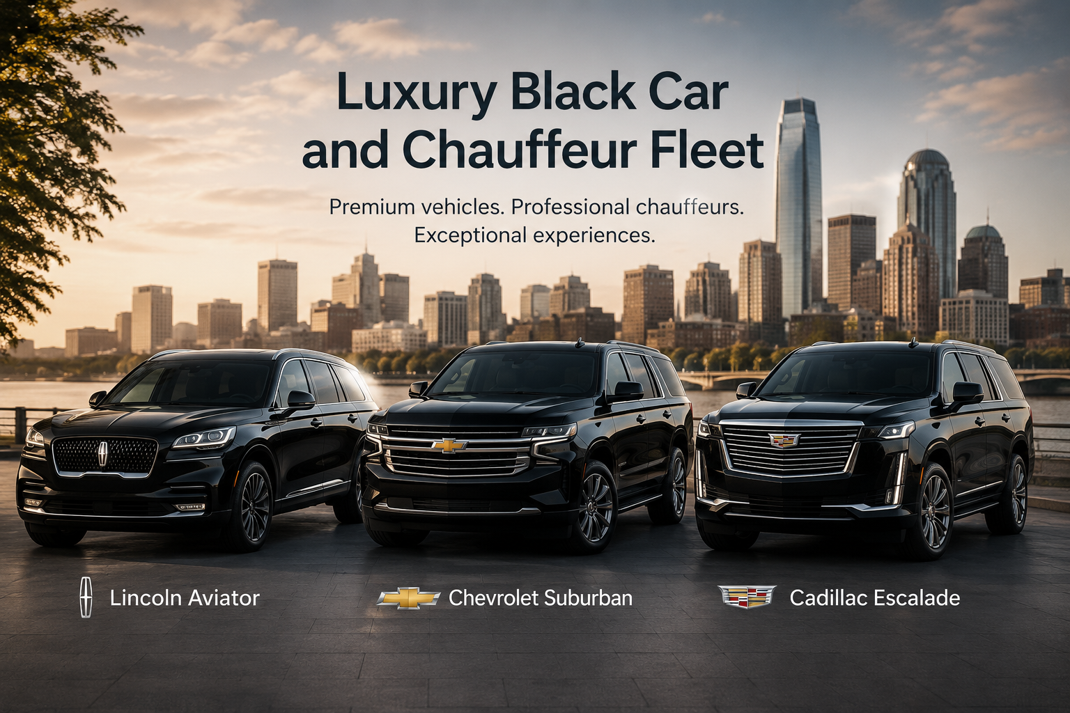 Black luxury SUV fleet parked before a city skyline under the headline “Luxury Black Car and Chauffeur Fleet”