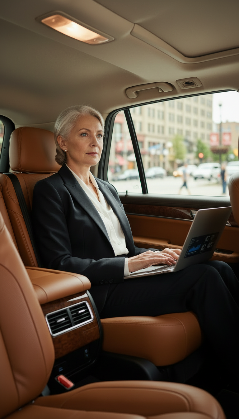 Business executive working during professional corporate black car service in Bedford, Massachusetts