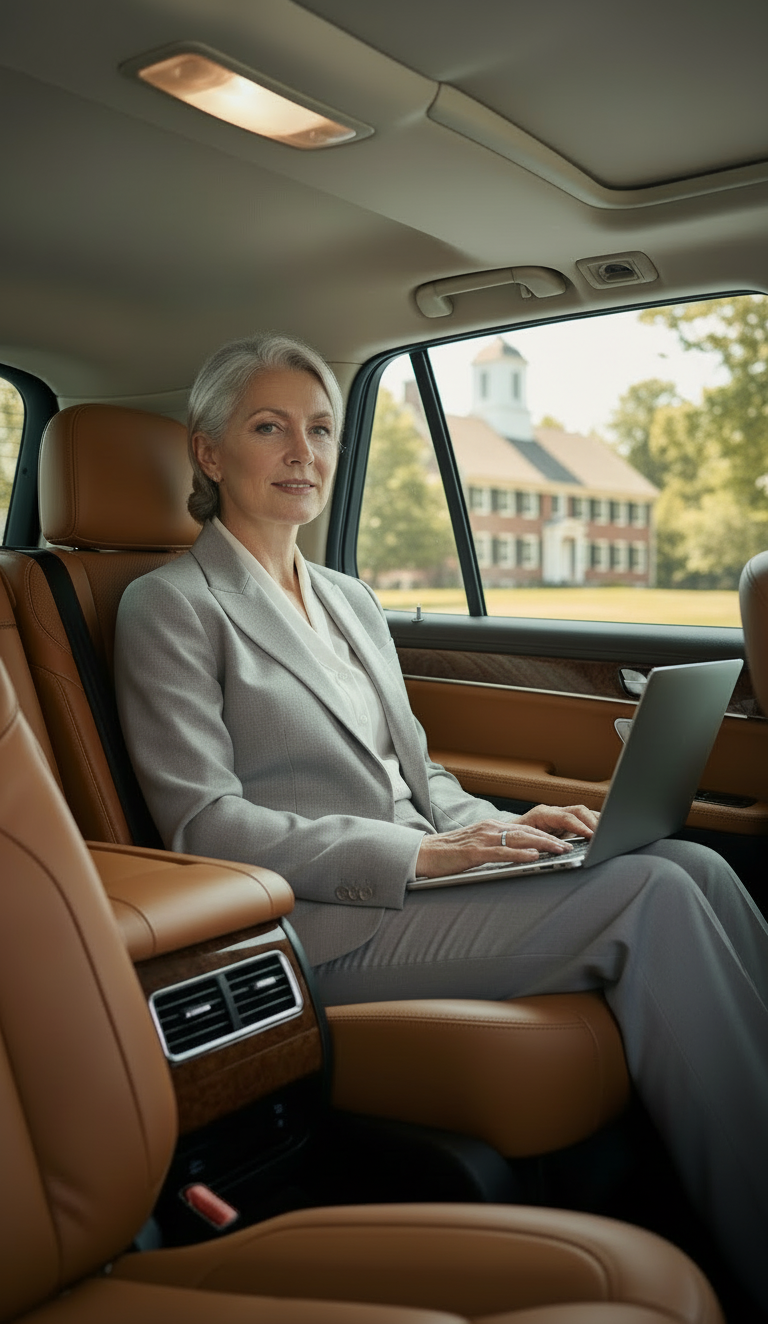 Business executive working during professional corporate black car service in Brookline, Massachusetts