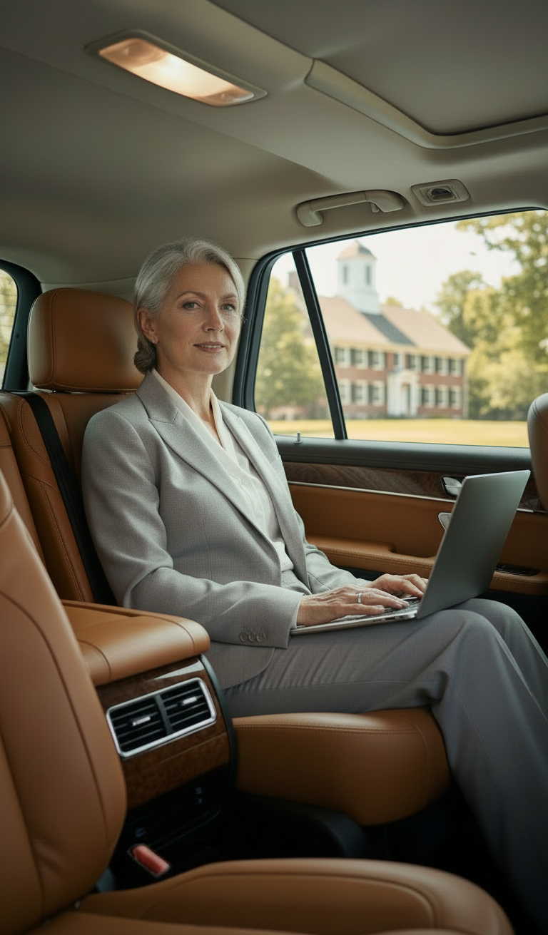 Business executive working inside a luxury vehicle during corporate black car service in Carlisle, Massachusetts