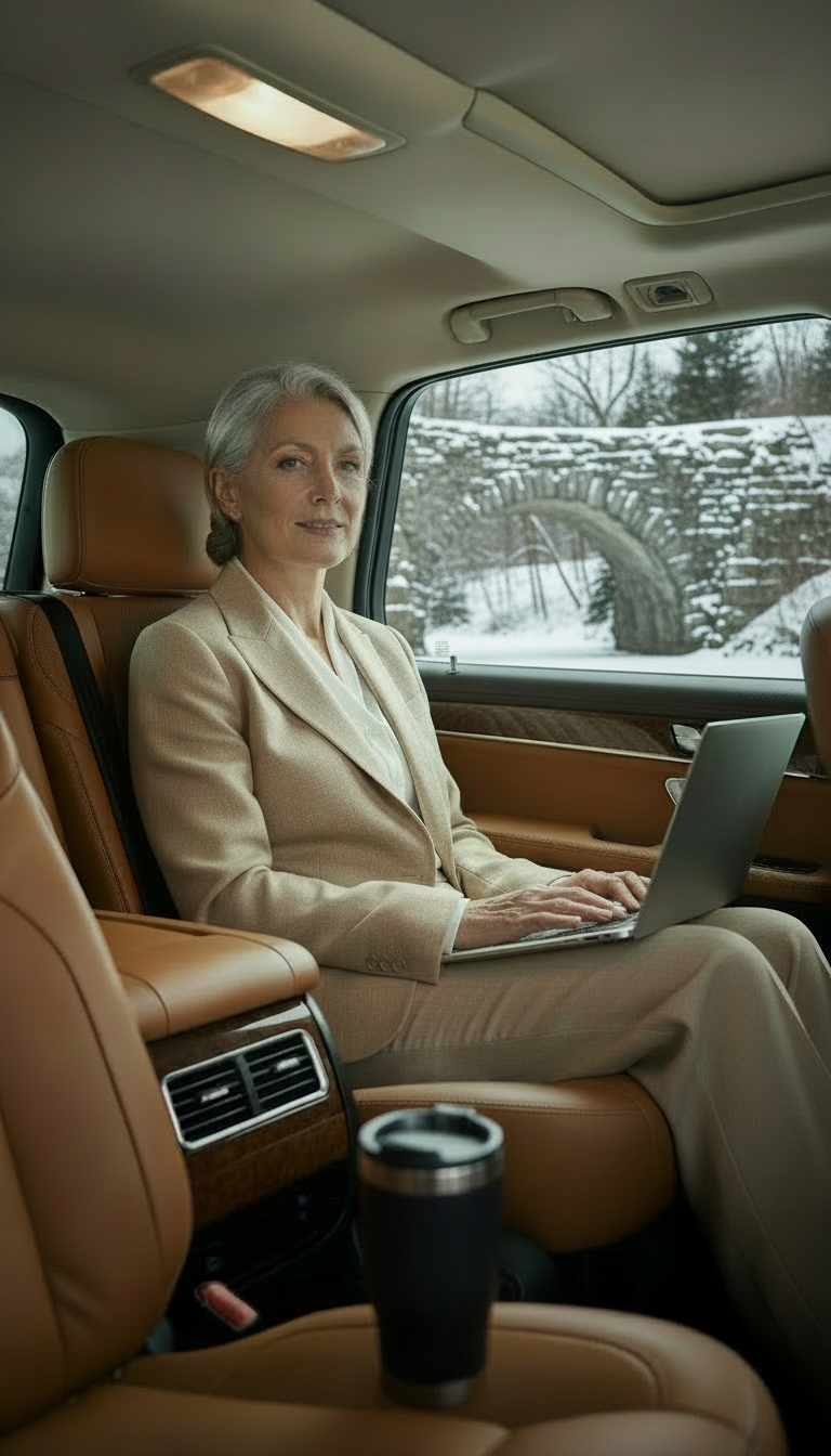Business executive working during professional corporate black car service in Clifton, Massachusetts