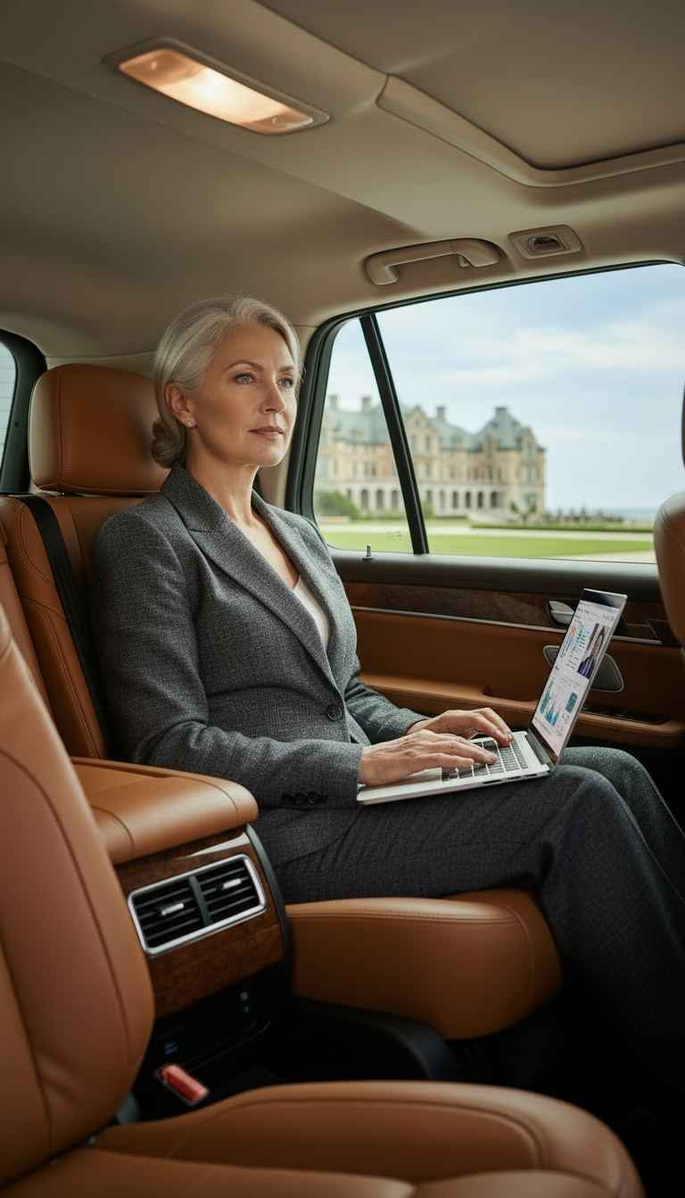 Business executive working during professional corporate black car service in Danvers, Massachusetts