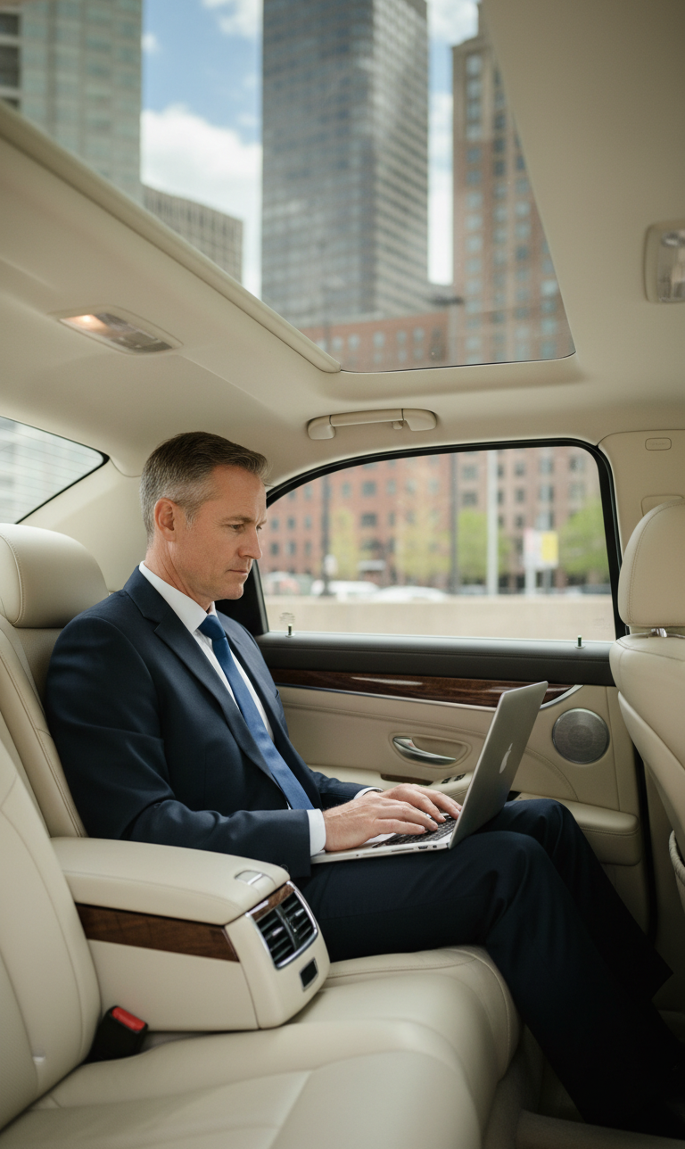 Business executives receiving professional corporate black car service in Lexington, Massachusetts