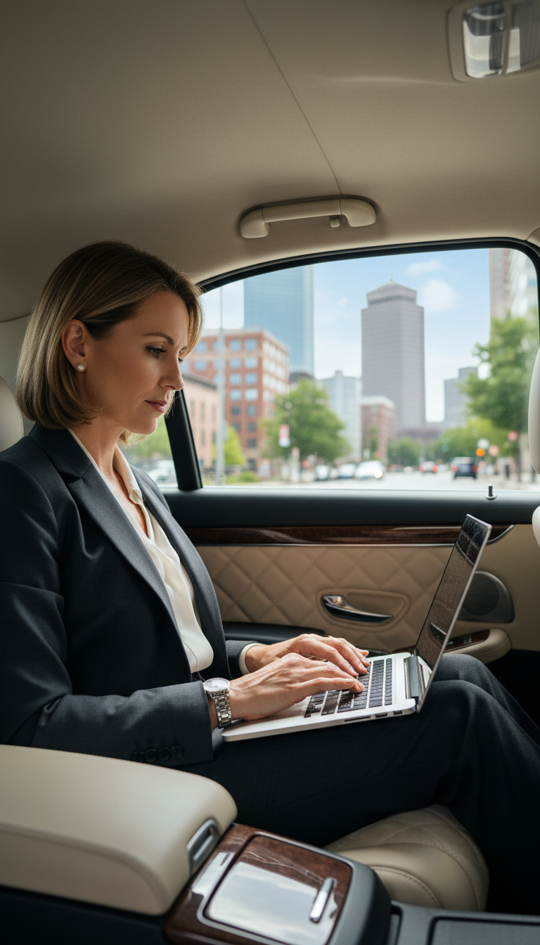 Executive passenger using professional corporate black car service in Lincoln, Massachusetts