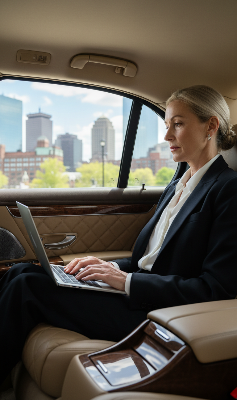Executive passenger using professional corporate black car service in Marlborough, Massachusetts