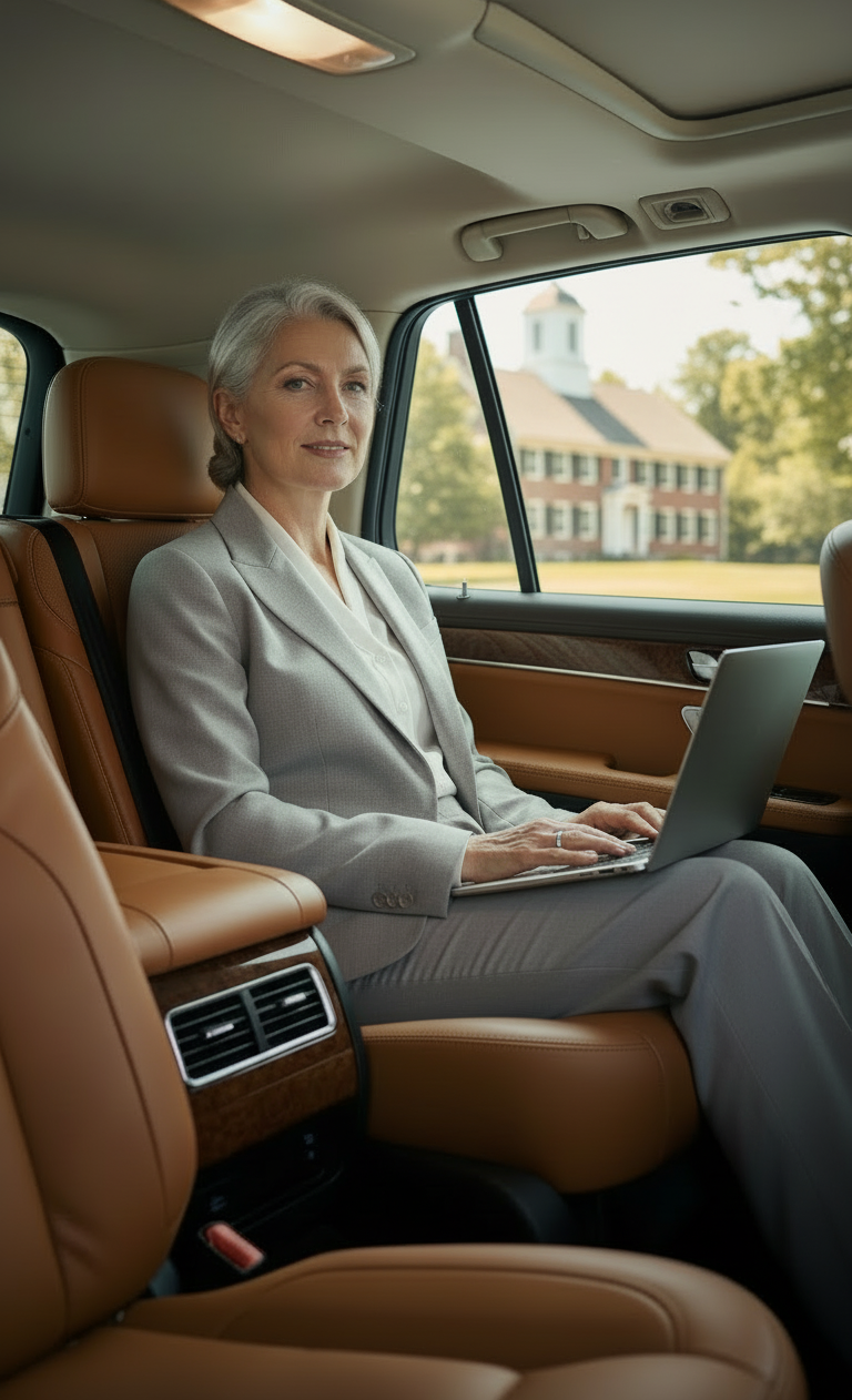 Executive passenger using professional corporate black car service in Medfield, Massachusetts