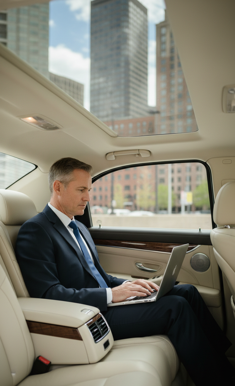 Business executive using professional corporate black car service in Needham, Massachusetts