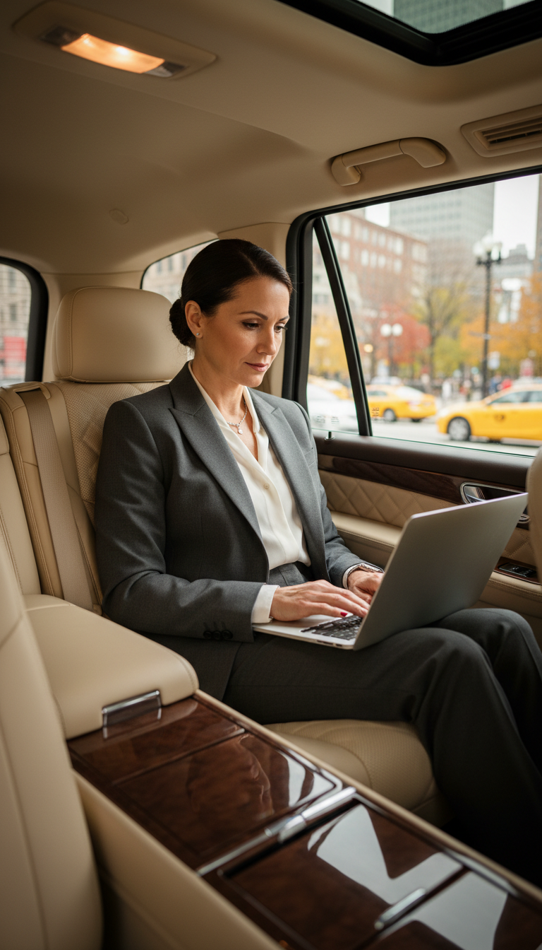 Business executive working during professional corporate black car service in Rockport, Massachusetts