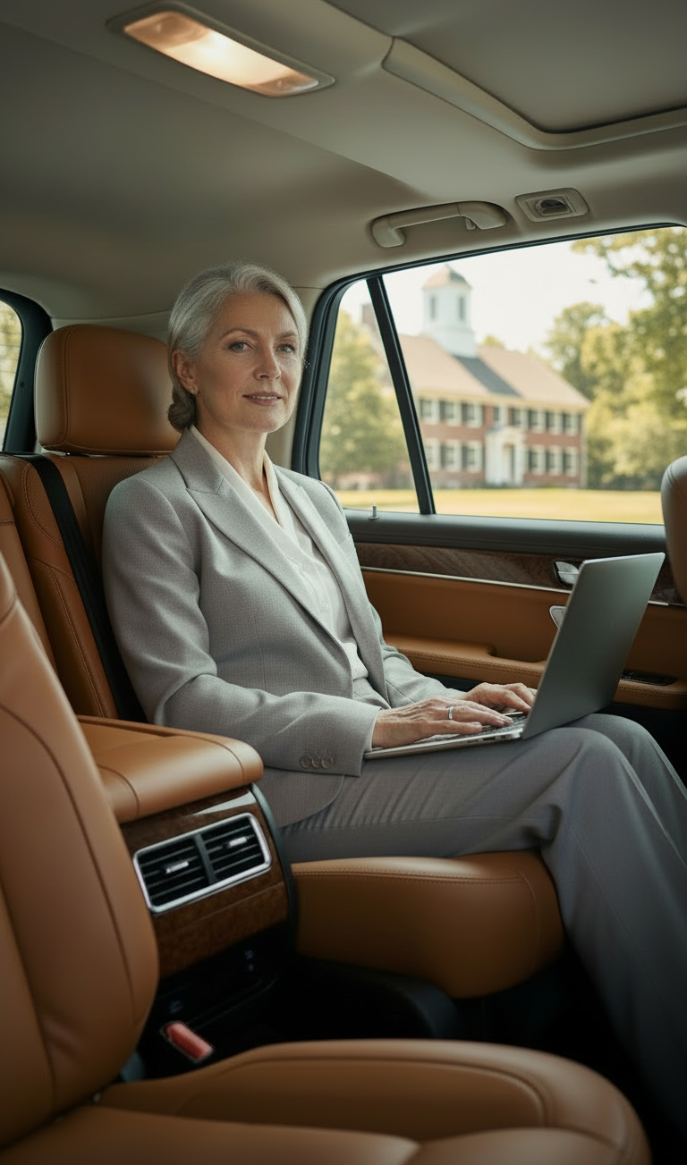 Executive passenger working during professional corporate black car service in Sherborn, Massachusetts