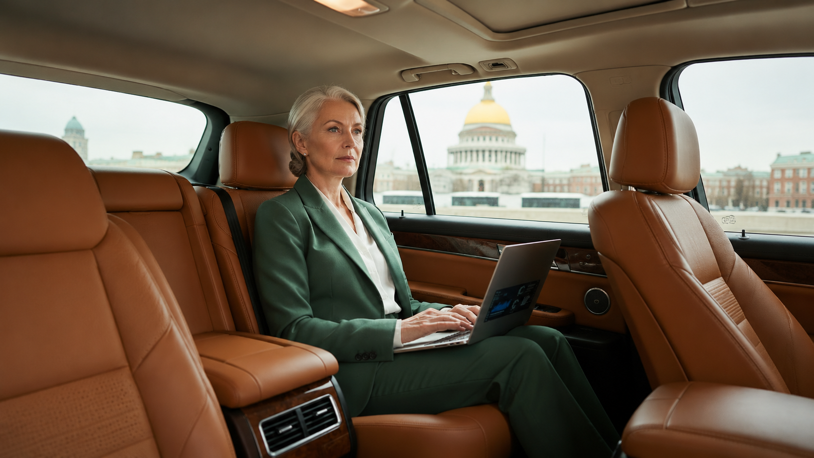 Woman using a laptop in the back seat of a tan luxury car, with the U.S. Capitol visible through the window