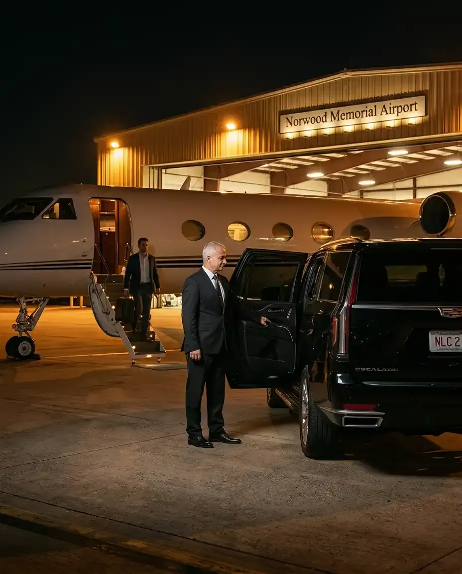Executive black car transportation for FBO pickup at Norwood Memorial Airport OWD