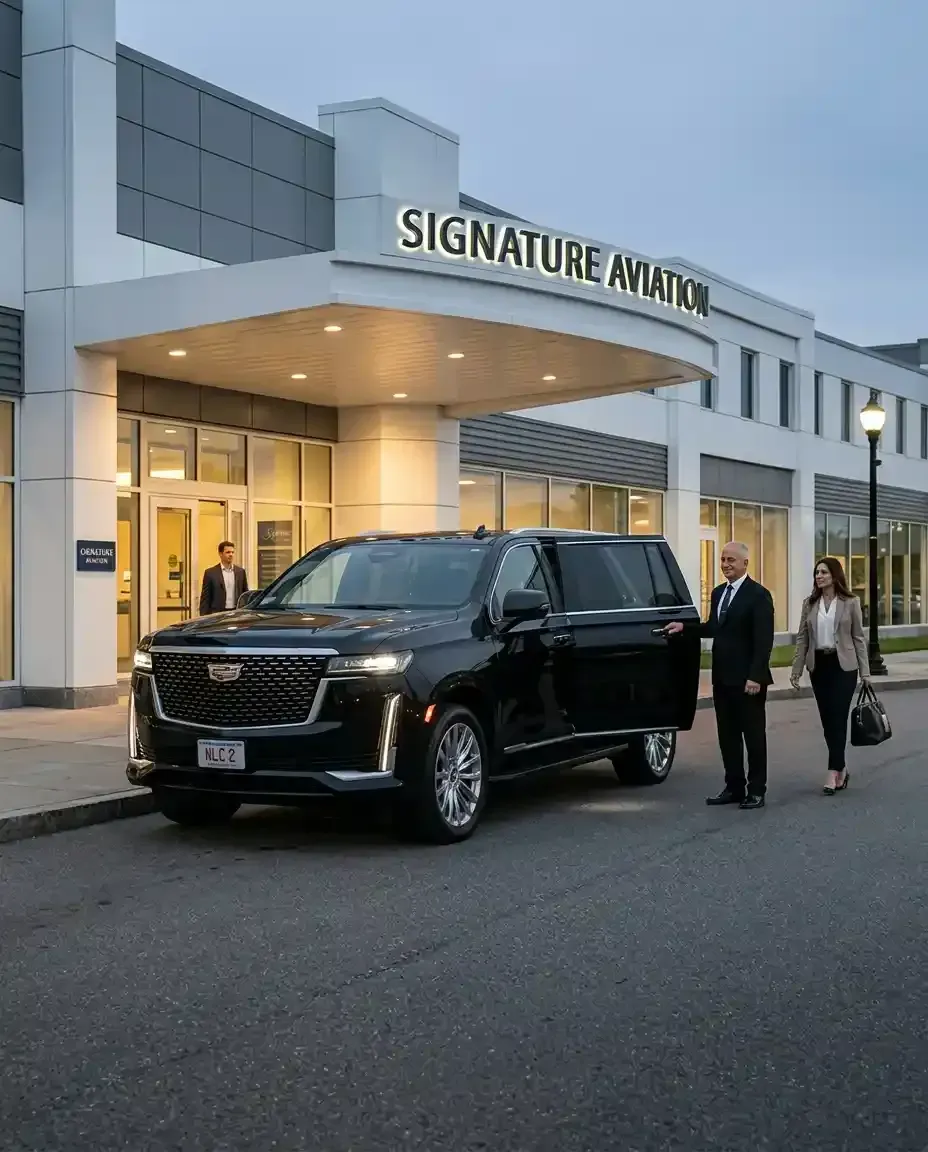 Executive black car transportation for FBO pickup at Signature Boston FBO