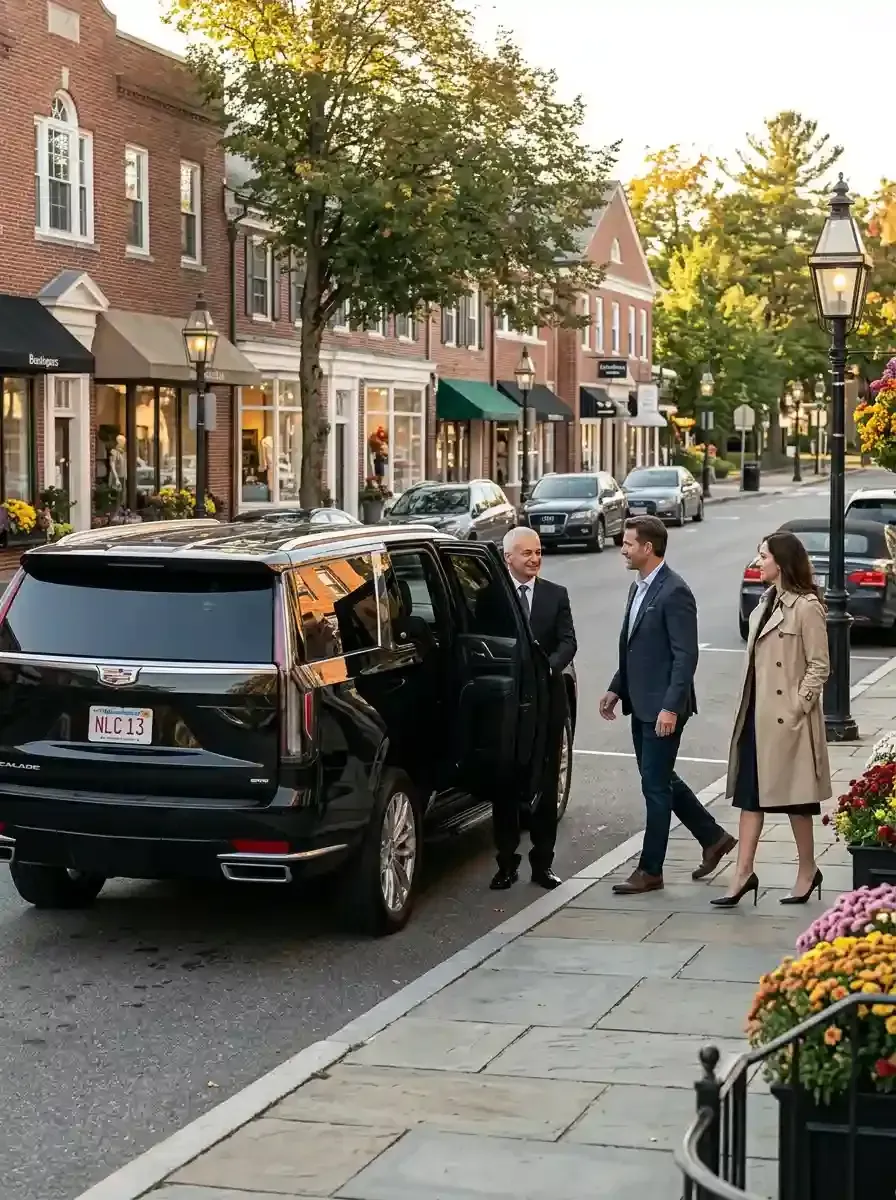 Professional chauffeur assisting passengers with hourly black car service in Bedford, Massachusetts