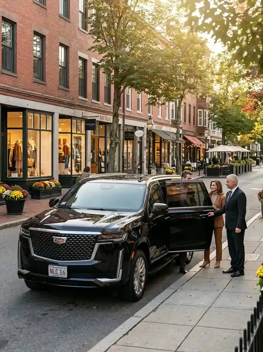 Professional chauffeur assisting passengers with hourly black car service in Belmont, Massachusetts