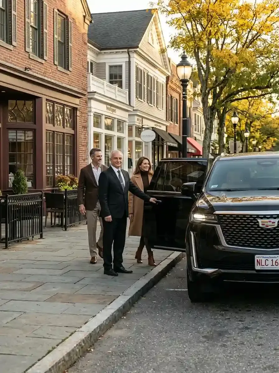 Professional chauffeur assisting passengers with hourly black car service in Brookline, Massachusetts