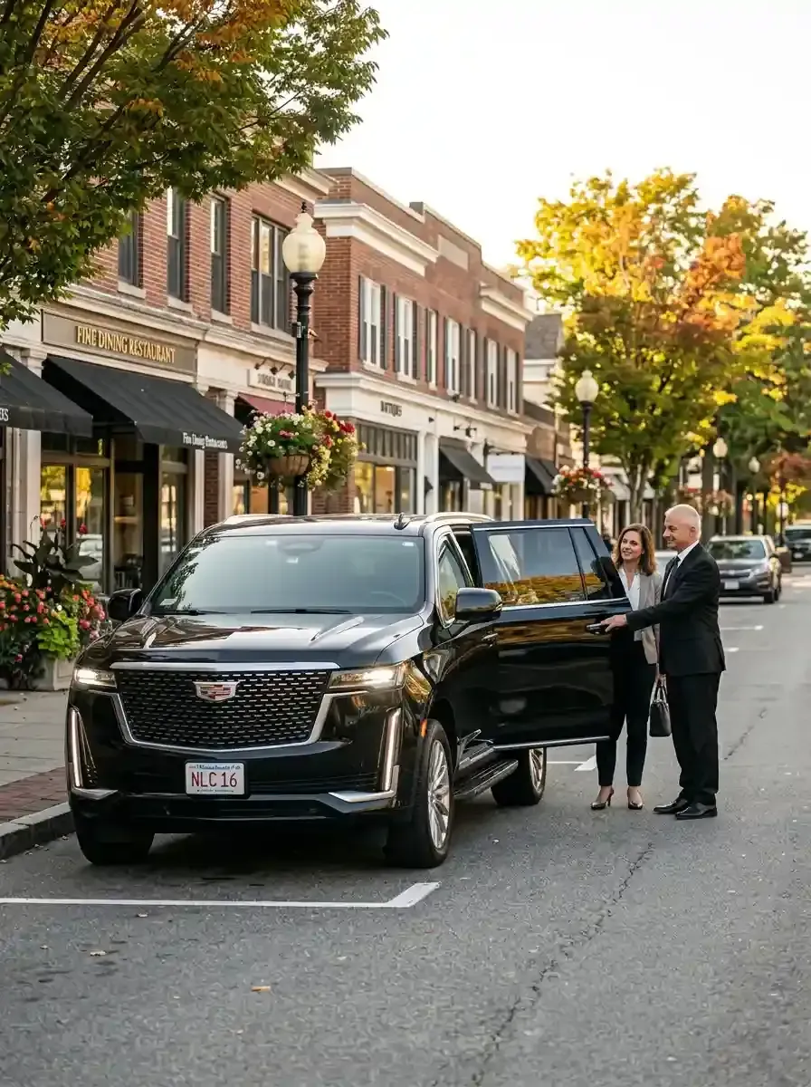 Professional chauffeur assisting passengers with hourly black car service in Canton, Massachusetts