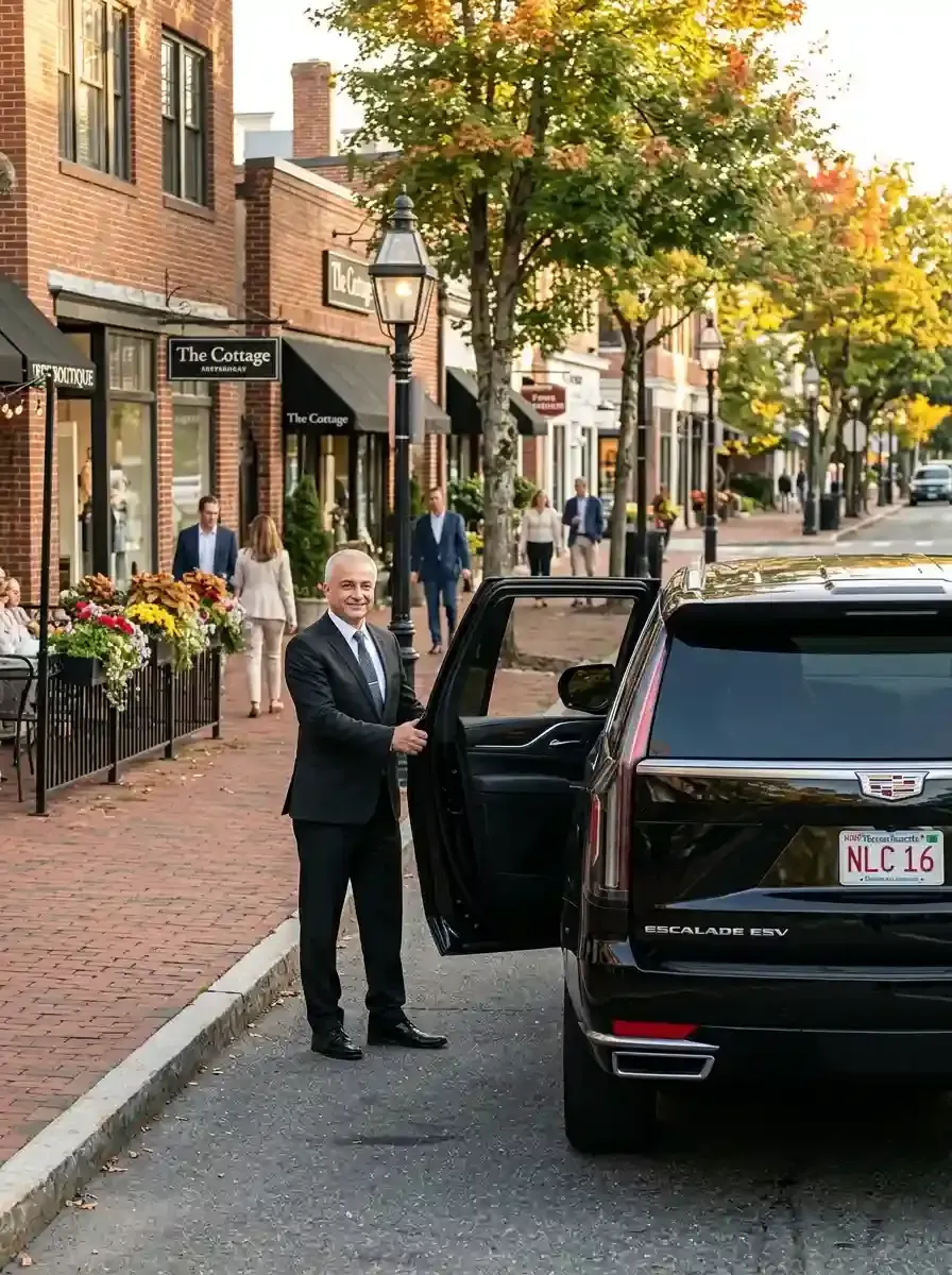 Professional chauffeur opening a luxury black SUV for hourly chauffeur service in Carlisle, Massachusetts