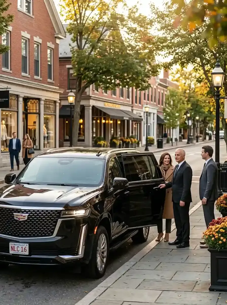 Professional chauffeur assisting passengers with hourly black car service in Chestnut Hill, Massachusetts
