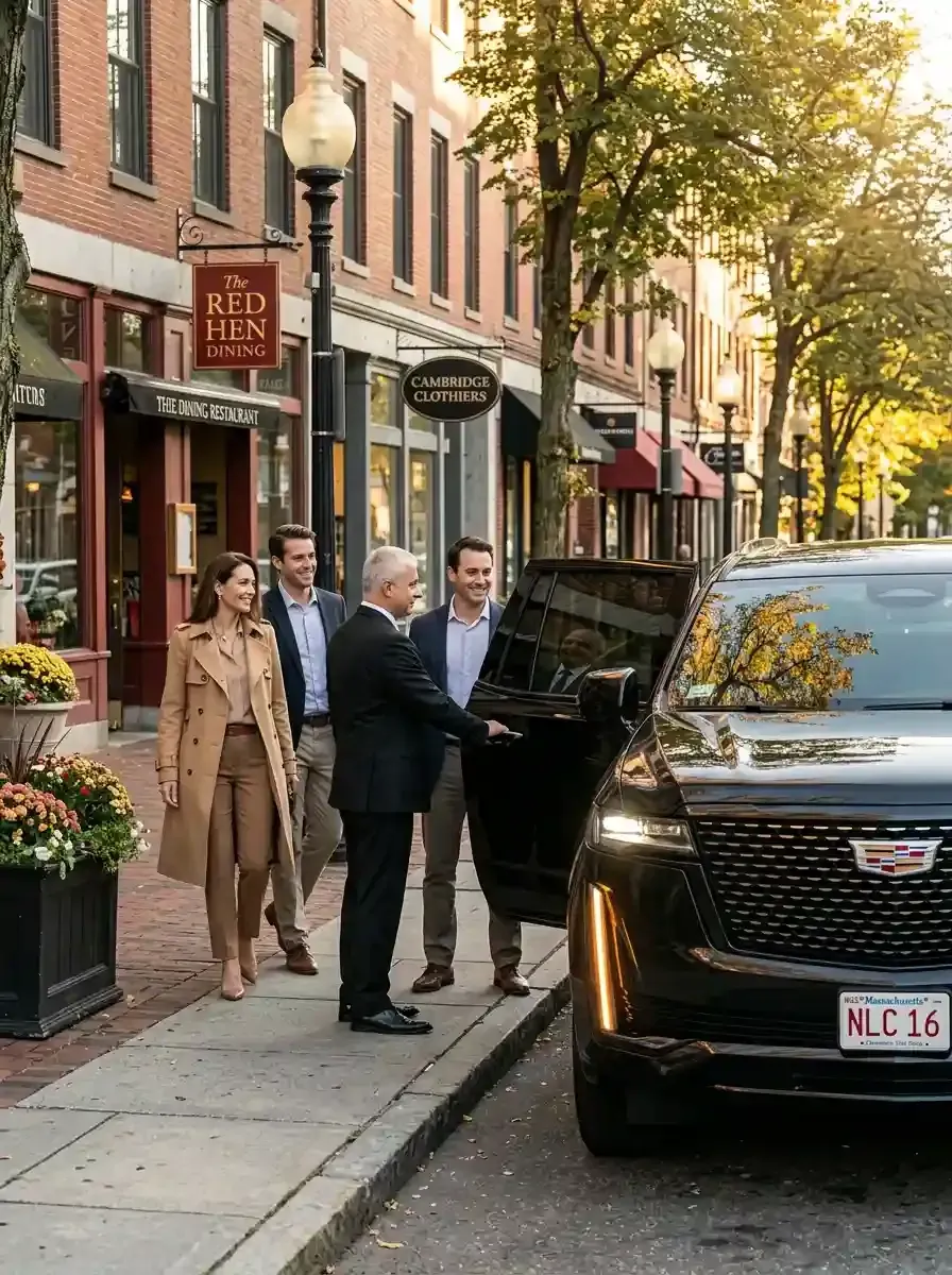 Professional chauffeur assisting passengers with hourly black car service in Dover, Massachusetts