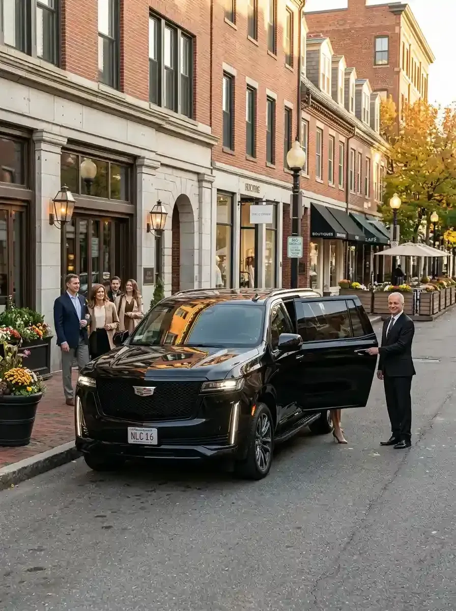 Professional chauffeur assisting passengers with hourly black car service in Holliston, Massachusetts