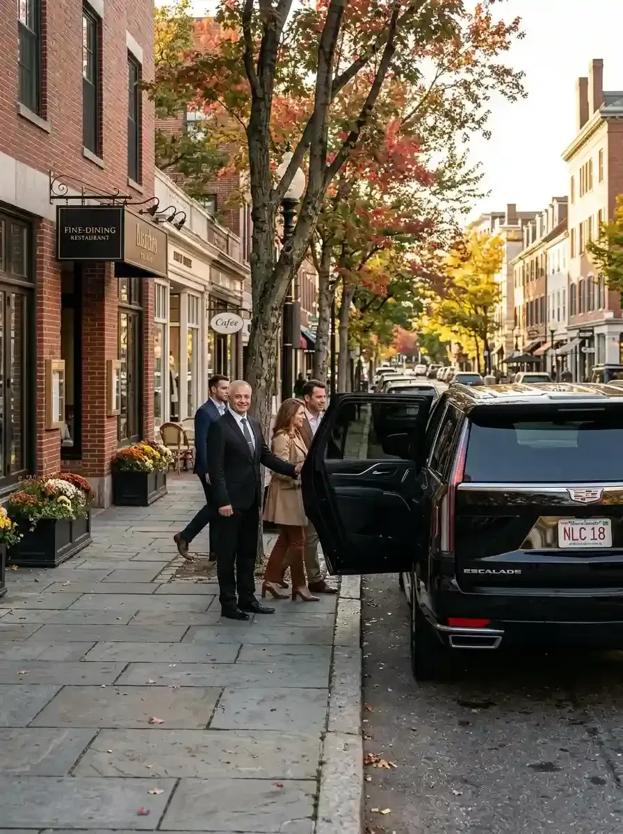 Professional chauffeur assisting passengers with hourly black car service in Rockport, Massachusetts
