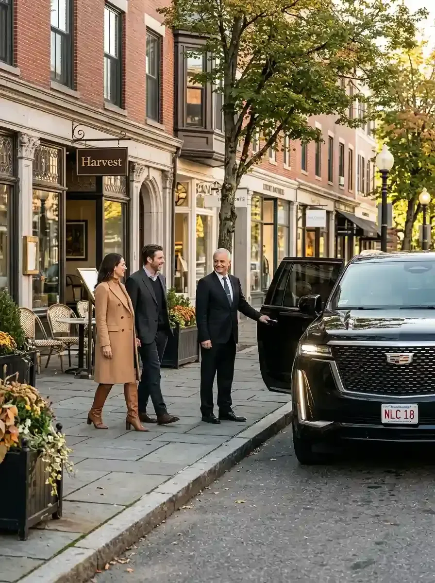 Professional chauffeur assisting passengers with hourly black car service in Sherborn, Massachusetts