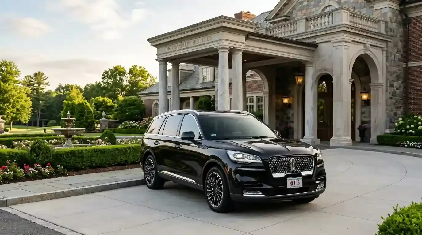 Lincoln Aviator executive black car parked in bedford for luxury chauffeur and private transportation service.
