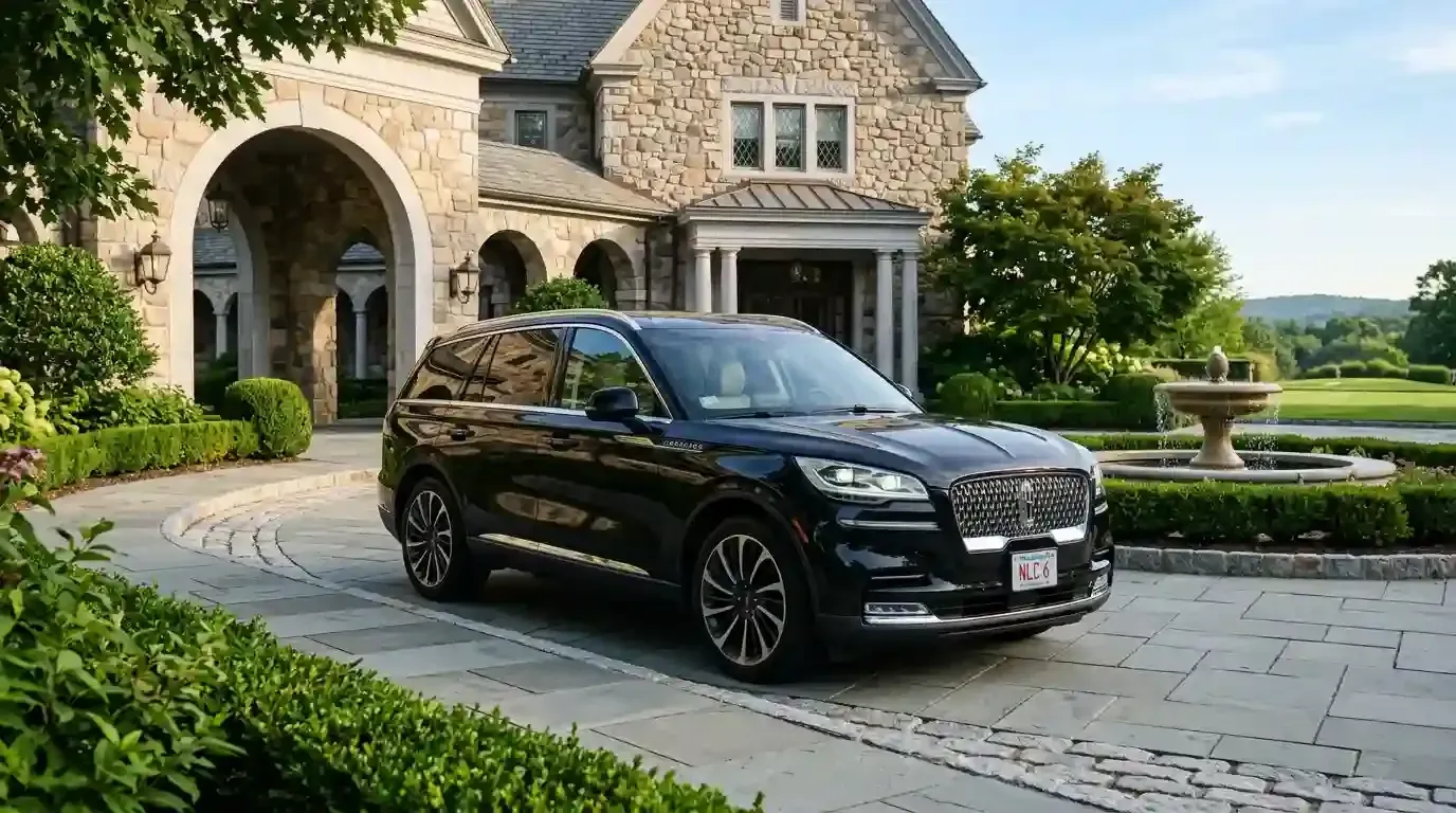 Lincoln Aviator executive black car parked in Belmont  for luxury chauffeur and private transportation service.