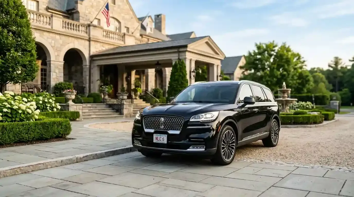 Lincoln Aviator executive black car parked in Brookline for luxury chauffeur and private transportation service.