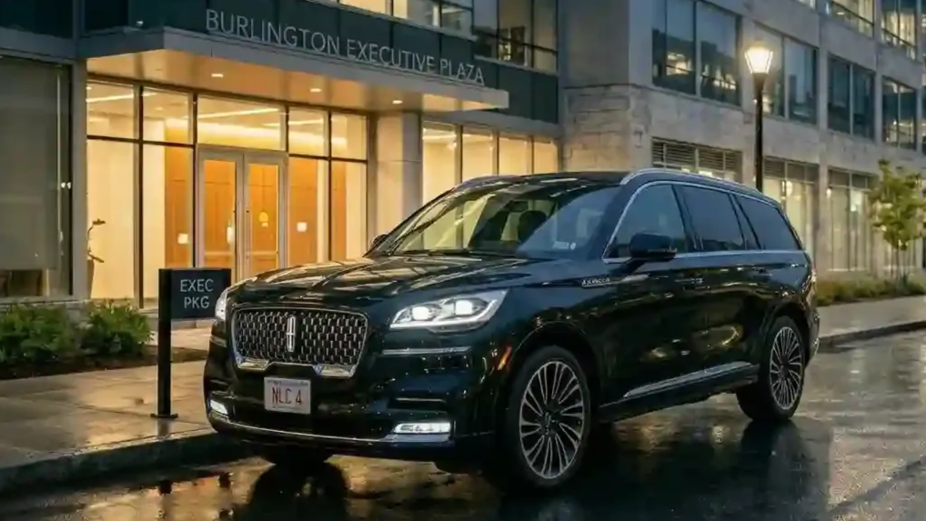 Lincoln Aviator executive black car parked in Burlington for luxury chauffeur and private transportation service.