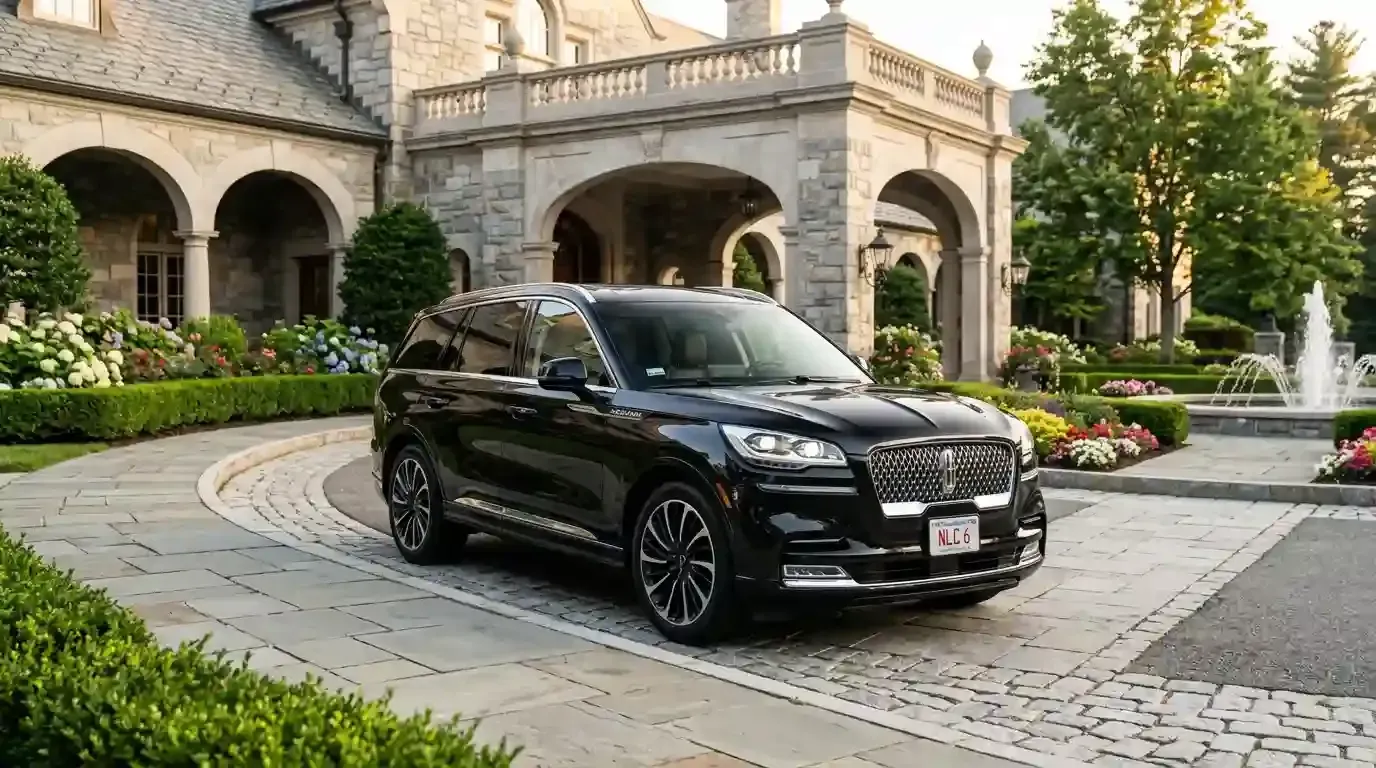 Lincoln Aviator executive black car parked in Cambridge for luxury chauffeur and private transportation service.