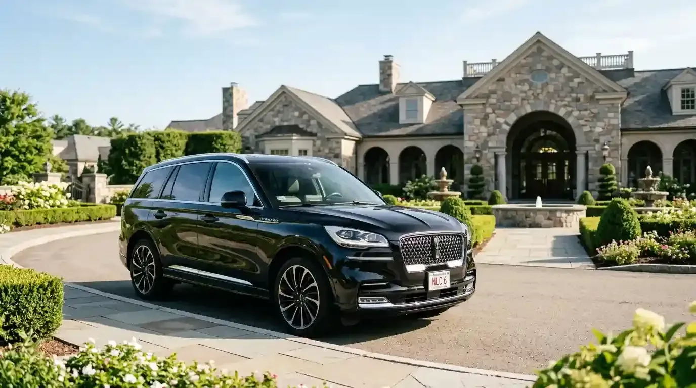 Lincoln Aviator executive black car parked in Canton for luxury chauffeur and private transportation service.