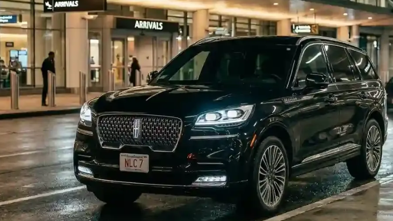 Black 2026 Lincoln Aviator executive SUV parked in Boston Logan Airport Terminal B for black car service in Logan airport.
