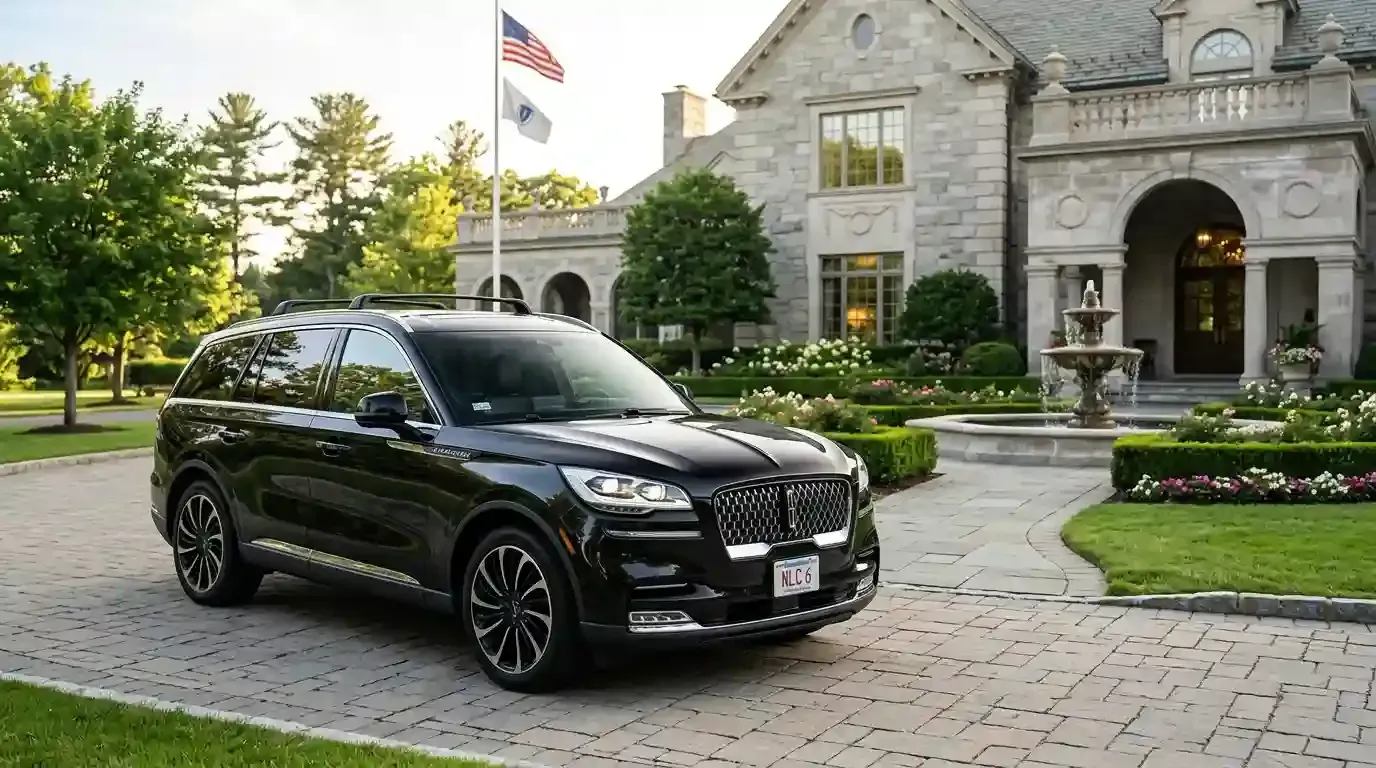 Black  Lincoln Aviator executive black car parked in Maynard for luxury chauffeur and black car transportation service.
