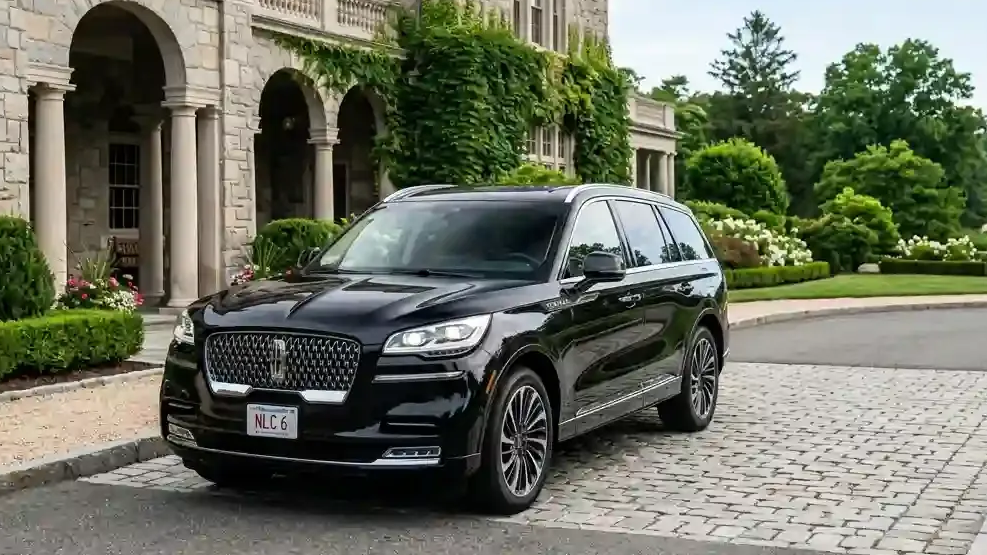 Black  Lincoln Aviator executive black car parked in Medfield for luxury chauffeur and black car transportation service.
