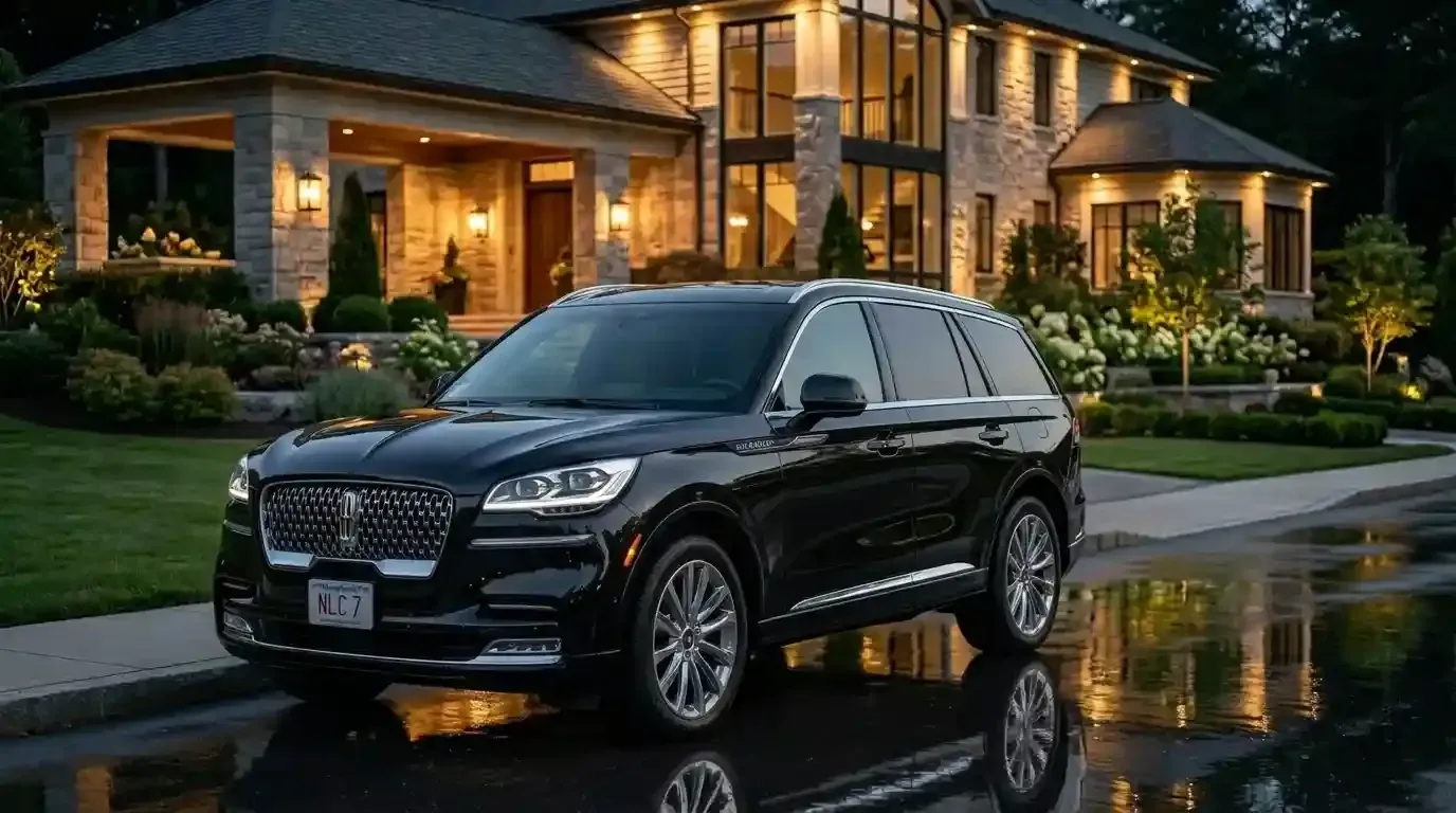 Black 2026 Lincoln Aviator executive black car parked in Newton for luxury chauffeur and black car transportation service.
