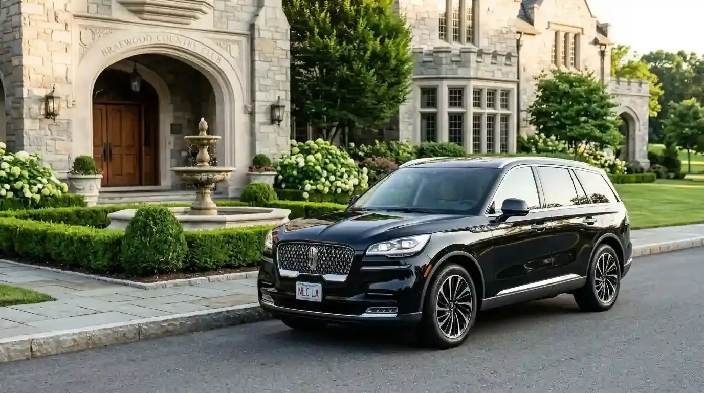Black 2026 Lincoln Aviator executive black car parked in Sherborn for luxury chauffeur and black car transportation service.
