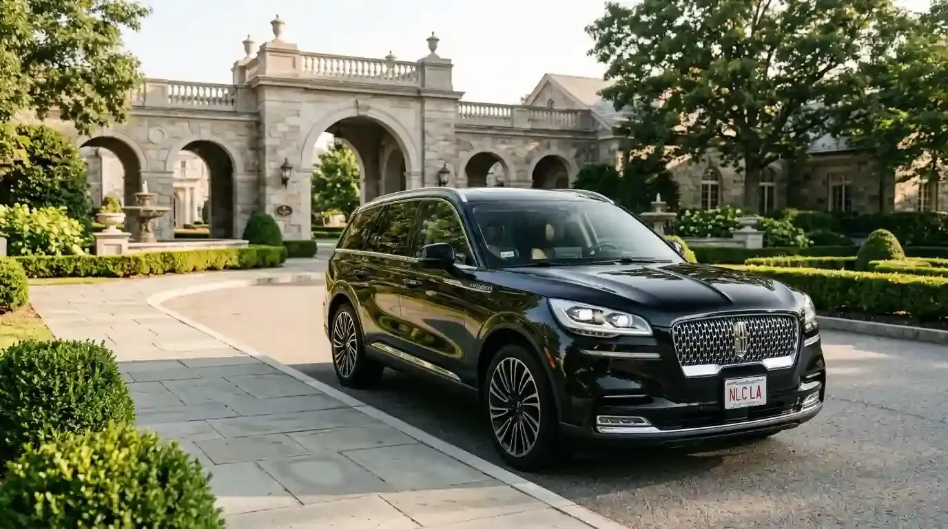 Black 2026 Lincoln Aviator executive black car parked in Stoneham for luxury chauffeur and black car transportation service.
