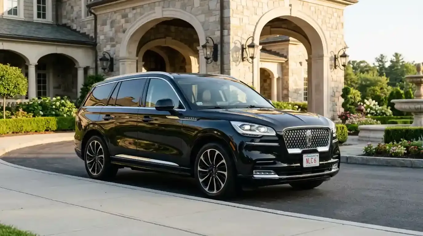 Black 2026 Lincoln Aviator executive black car parked in Wayland for luxury chauffeur and black car transportation service.
