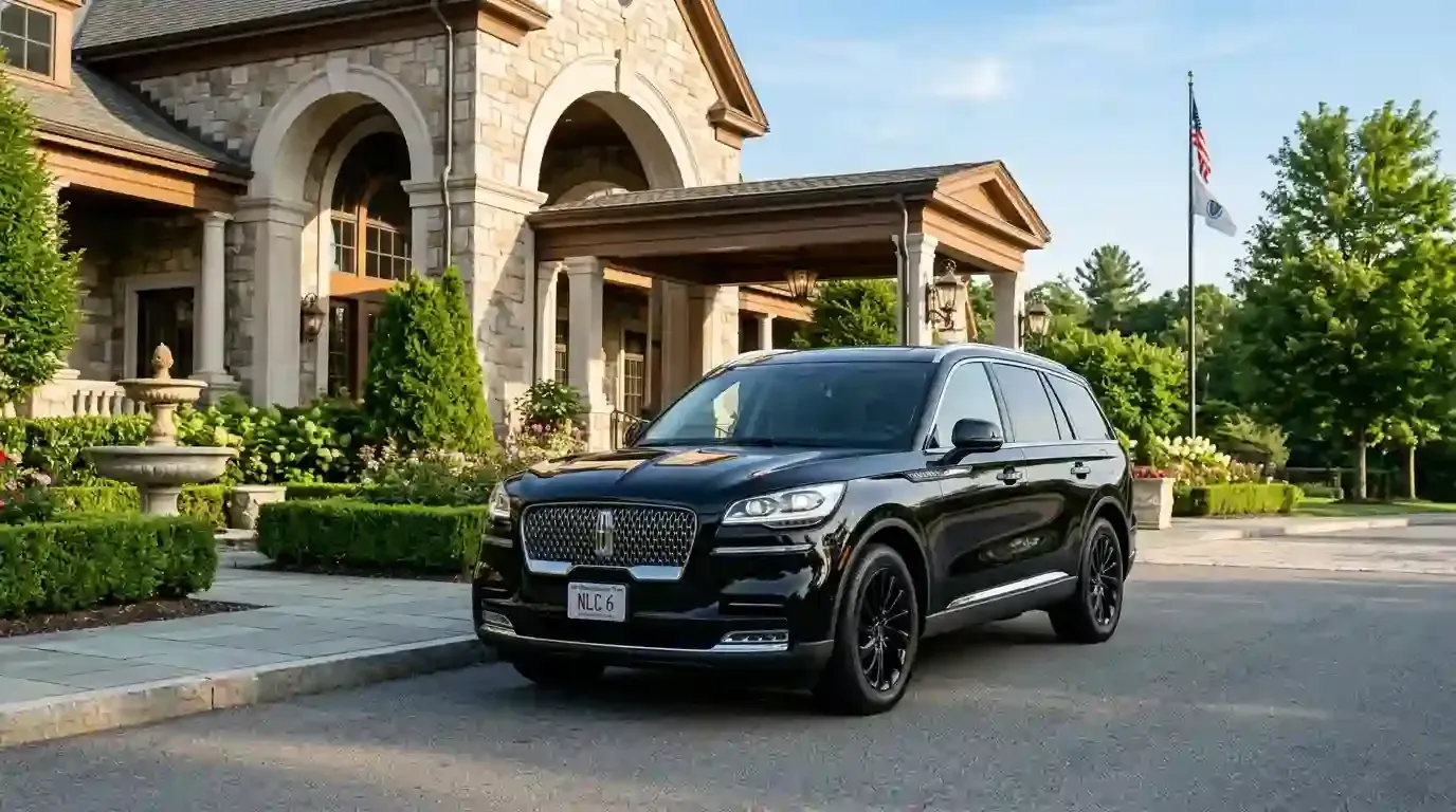 Black 2026 Lincoln Aviator executive black car parked in Wellesley for luxury chauffeur and black car transportation service.
